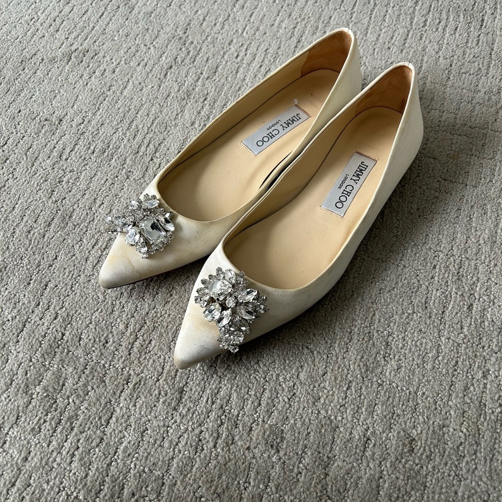 AUTHENTIC Jimmy Choo Cream Flats with Crystal Embellishment